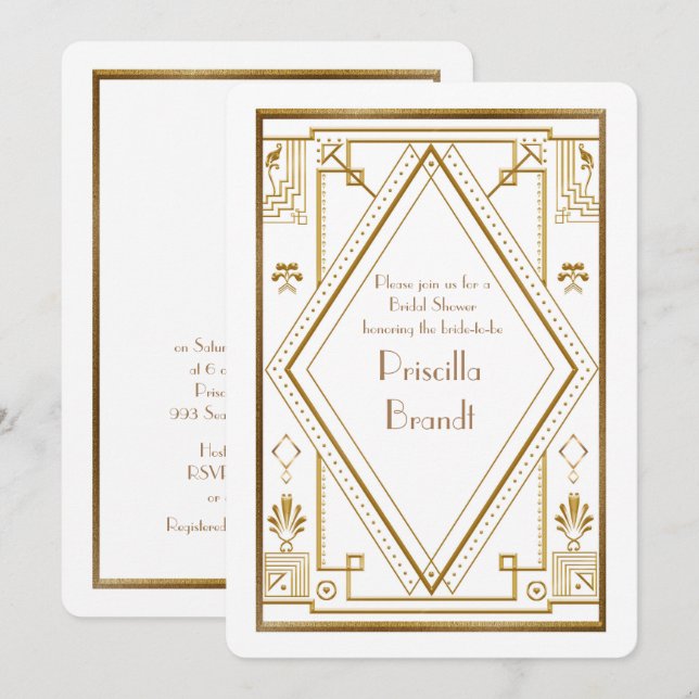 Invitación Bridal Shower, gran Gatsby oro blanco (Anverso / Reverso)