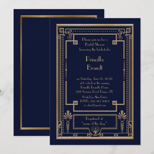Invitación Bridal Shower, gran marina metalizado de Gatsby (Anverso / Reverso)