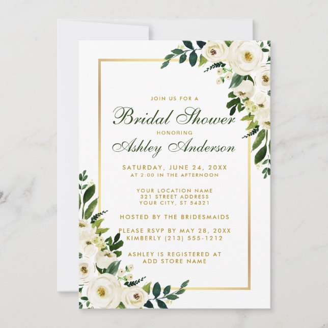 Invitación Bridal Shower Green Watercolor Floral Gold Invitac (Anverso)