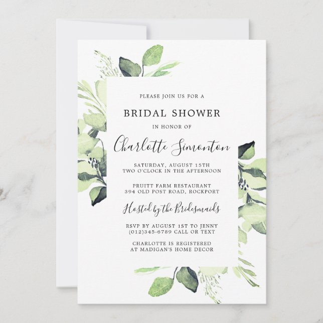 Invitación Bridal Shower Greenery Eucalyptus Succulent (Anverso)