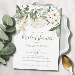 Invitación Bridal Shower Greenery Floral blanca acuarela