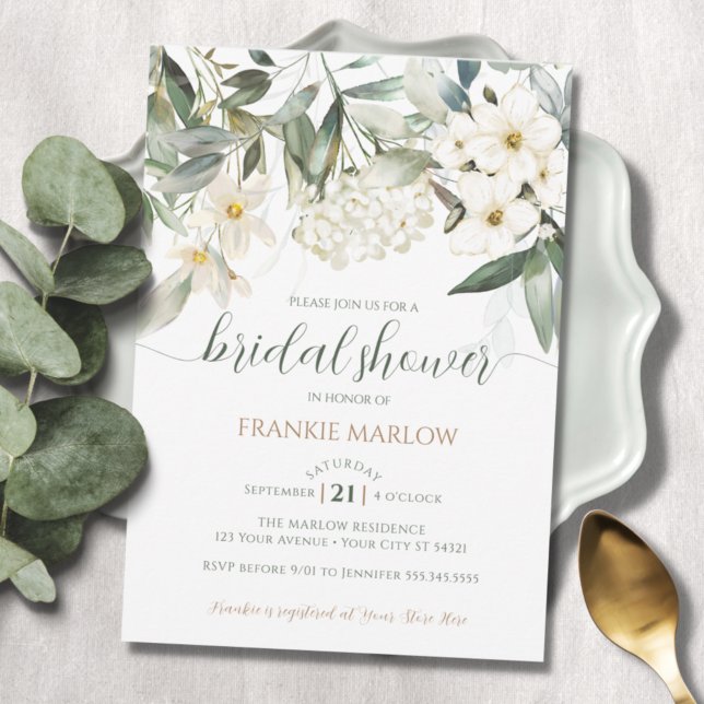 Invitación Bridal Shower Greenery Floral blanca acuarela (Subido por el creador)