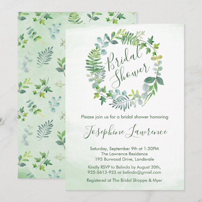 Invitación Bridal Shower Greenery Foliage Watercolor (Anverso / Reverso)