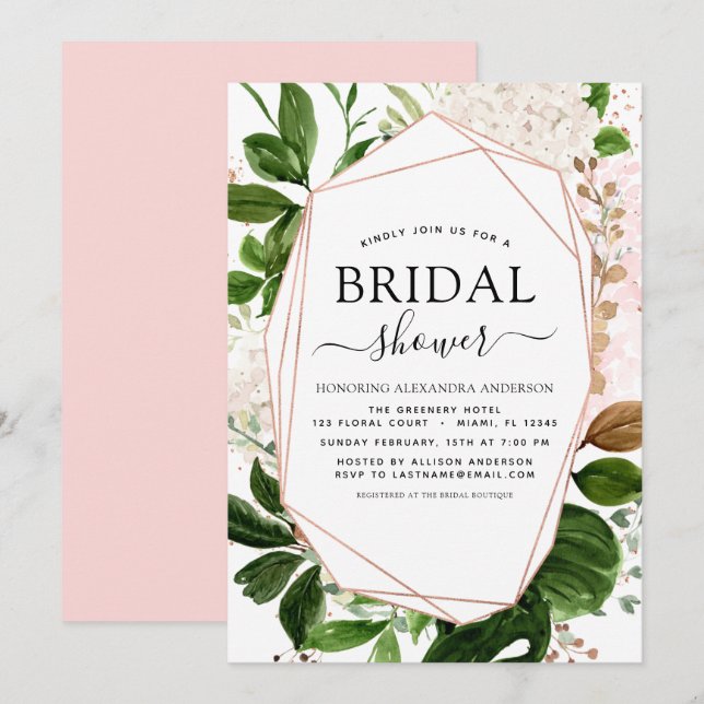 Invitación Bridal Shower Greenery Rosa Gold Geométrico (Anverso / Reverso)