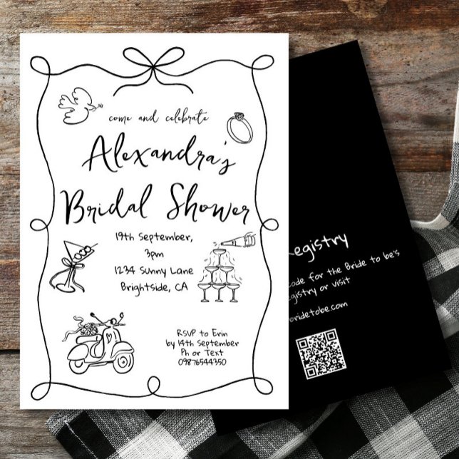 Invitación Bridal Shower Hand Drake Black White Whimsical (Subido por el creador)
