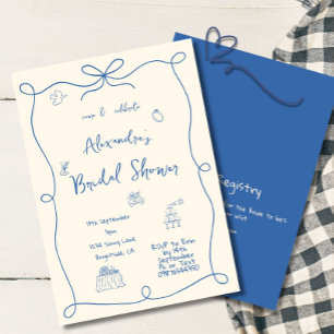 Invitación Bridal Shower Hand Drawing Blue Cream Whimsical