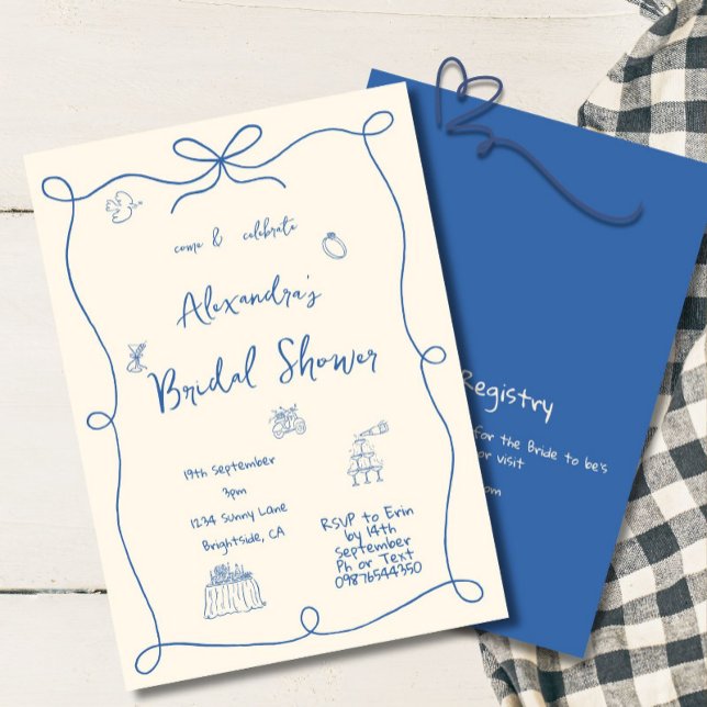 Invitación Bridal Shower Hand Drawing Blue Cream Whimsical (Subido por el creador)