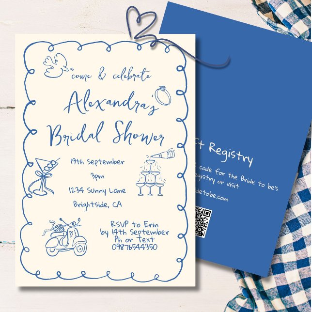 Invitación Bridal Shower Hand Drawing Blue Cream Whimsical (Subido por el creador)