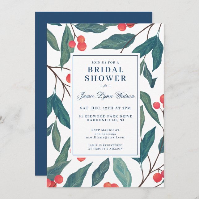 Invitación Bridal Shower | Holiday Holly y Berries (Anverso / Reverso)