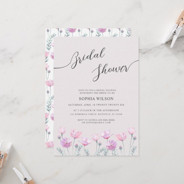 Invitación Bridal Shower Invitation flores delicadas. (Anverso/Reverso In Situ)