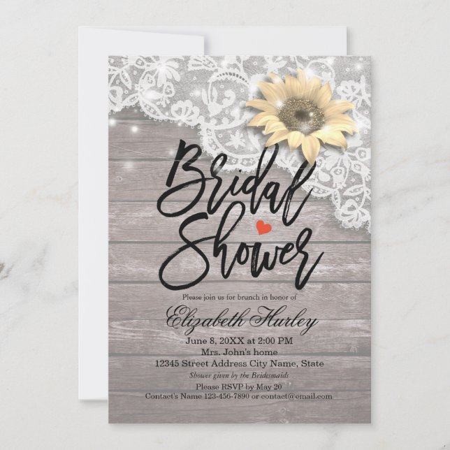 Invitación Bridal Shower Lace Sunflower Madera y cadenas (Anverso)