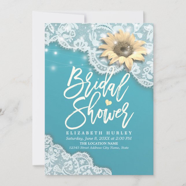 Invitación Bridal Shower Lace Sunflower String Luces Tiffany (Anverso)