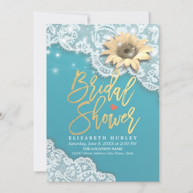 Invitación Bridal Shower Lace Sunflower String Luces Tiffany (Anverso)