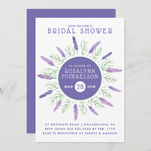 Invitación BRIDAL SHOWER | Lavanda Púrpura Pastel (Anverso / Reverso)
