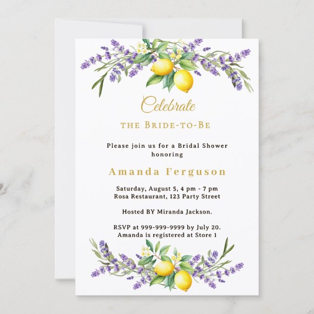 Invitación Bridal Shower lavender florals lemons (Anverso)