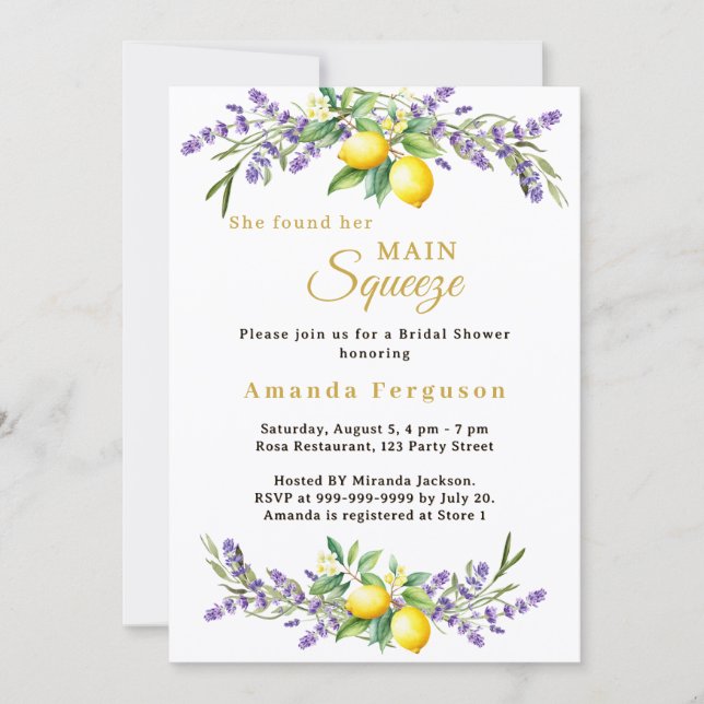 Invitación Bridal Shower lavender florals lemons main squeeze (Anverso)