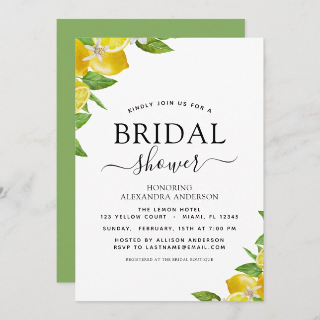 Invitación Bridal Shower Lemon Citrus Summer (Anverso / Reverso)