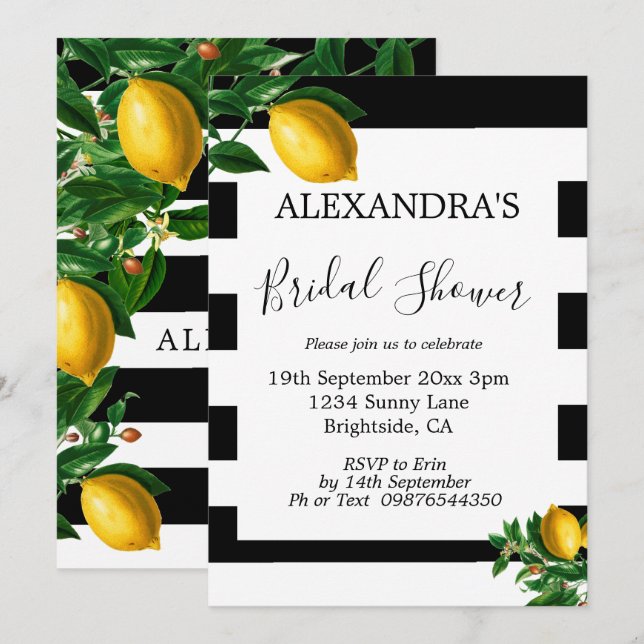 Invitación Bridal Shower Lemons Black White Stripe Elegante (Anverso / Reverso)