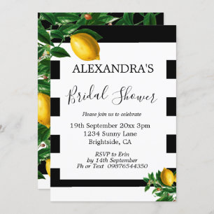 Invitación Bridal Shower Lemons Black White Stripe Elegante