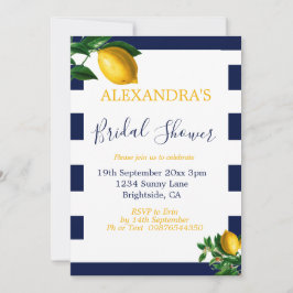 Invitación Bridal Shower Lemons Navy franja blanca elegante