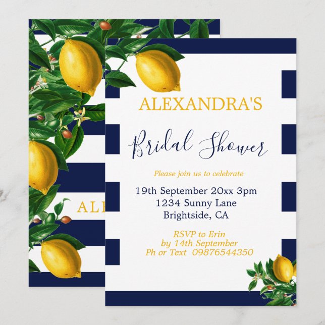 Invitación Bridal Shower Lemons Navy franja blanca elegante (Anverso / Reverso)