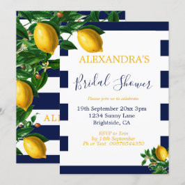 Invitación Bridal Shower Lemons Navy franja blanca elegante