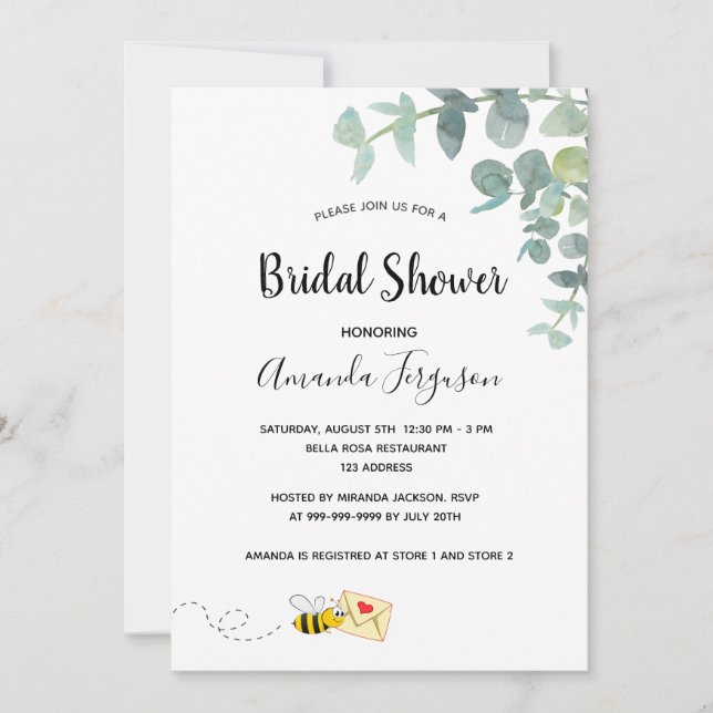 Invitación Bridal Shower linda abeja eucalipto blanco elegant (Anverso)