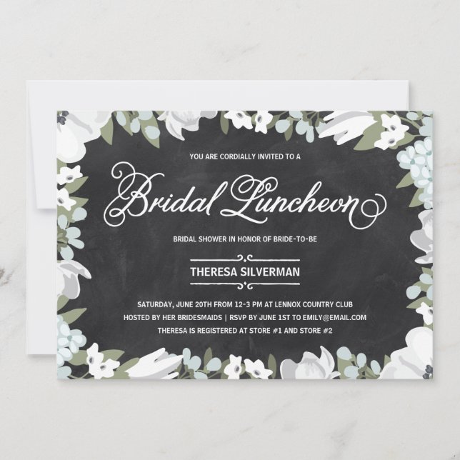 Invitación Bridal Shower Lunch Floral Elegante blanco y negro (Anverso)