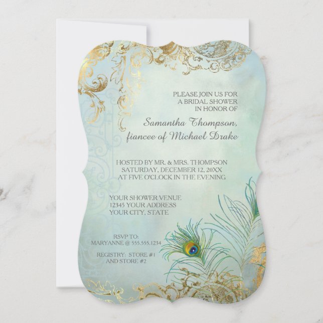 Invitación Bridal Shower Luxe Gold Peacock Feathers Elegante (Anverso)