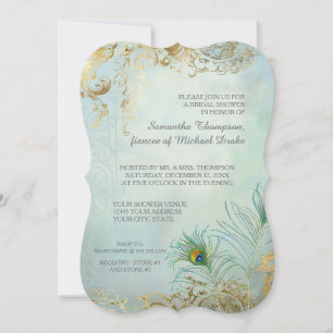 Invitación Bridal Shower Luxe Gold Peacock Feathers Elegante