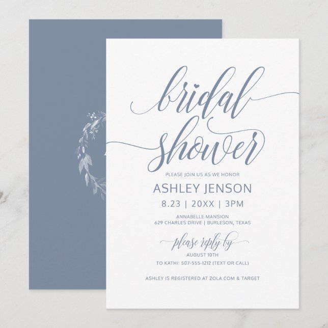 Invitación Bridal Shower Luxor caligrafía Dusty Blue Floral (Anverso / Reverso)