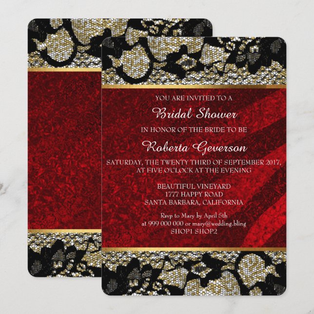 Invitación Bridal Shower Luxury Gold Red Black Lace Sparkly (Anverso / Reverso)