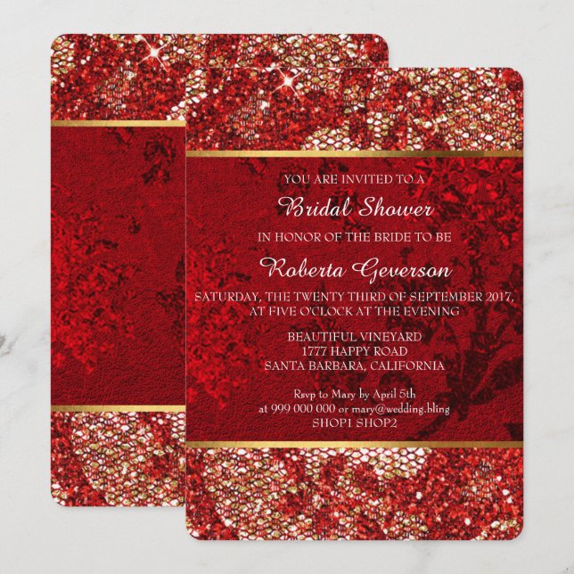 Invitación Bridal Shower Luxury Gold Red Lace Sparkly (Anverso / Reverso)