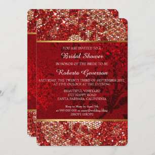 Invitación Bridal Shower Luxury Gold Red Lace Sparkly