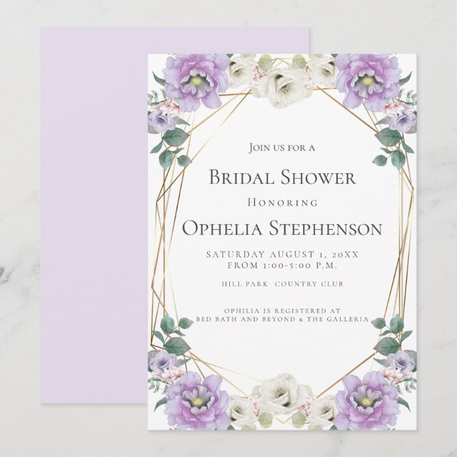 Invitación BRIDAL SHOWER | Marco de cañones de lavanda acuare (Anverso / Reverso)