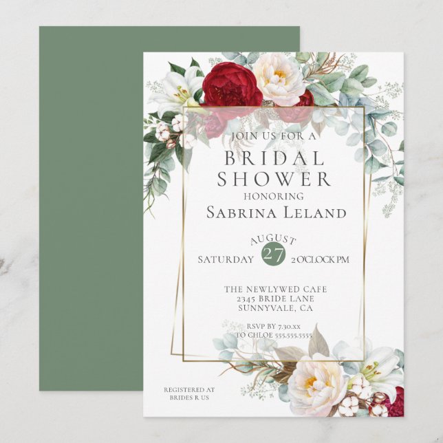 Invitación Bridal Shower | Marco floral borgoñón (Anverso / Reverso)