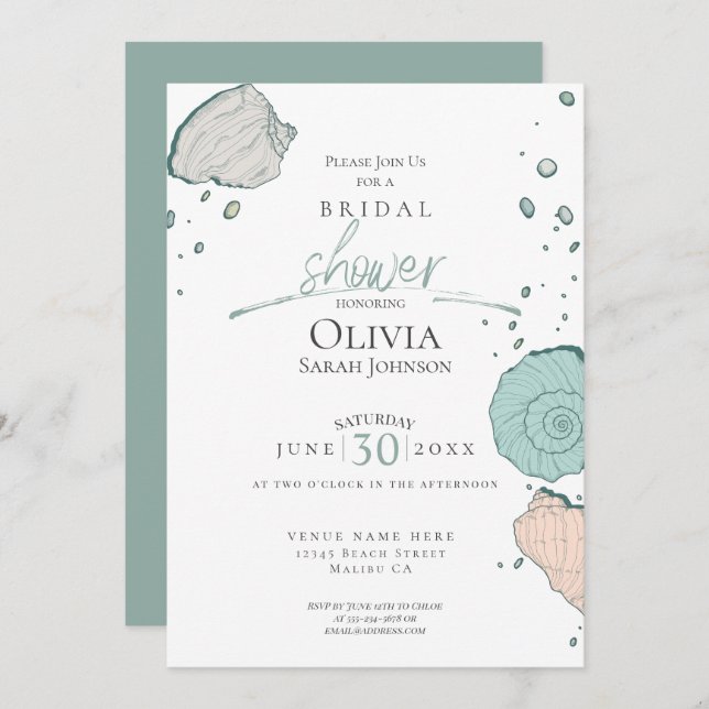 Invitación Bridal Shower | Marejadas costeras Coral Sand Verd (Anverso / Reverso)