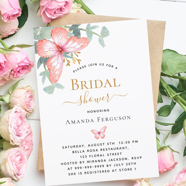 Invitación Bridal Shower mariposa rosa dorado vegetación (Subido por el creador)