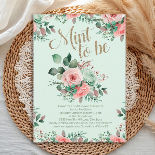 Invitación Bridal Shower Mint to Be Pink Roses Greenery (Elegant Mint to Be Bridal Shower invitation)
