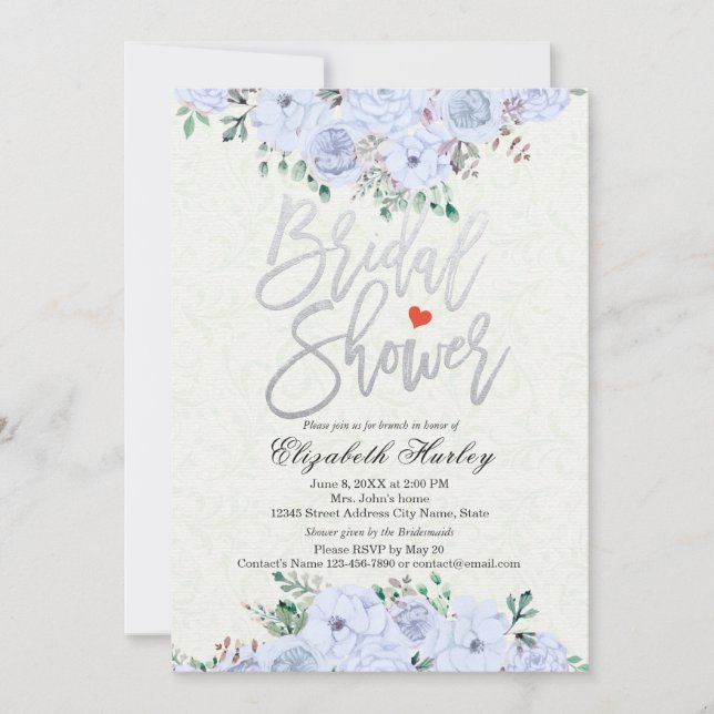 Invitación Bridal Shower Moda Plata Script acuarela Floral (Anverso)