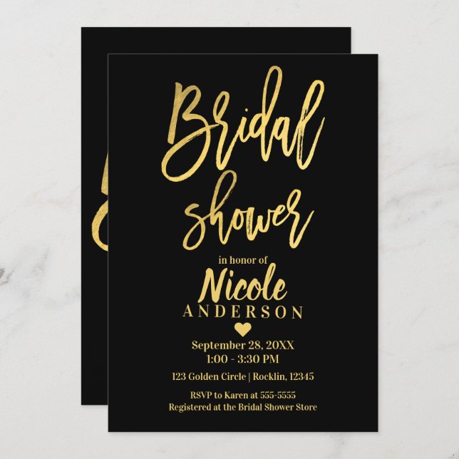 Invitación BRIDAL SHOWER Moda Relieve metalizado dorado Black (Anverso / Reverso)