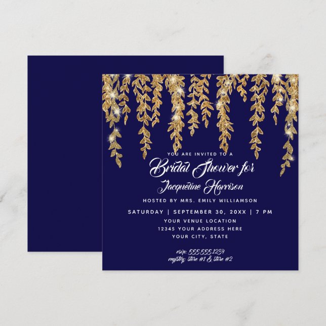 Invitación Bridal Shower Moderna Navy Gold Twinkle Luces (Anverso / Reverso)