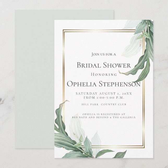 Invitación BRIDAL SHOWER | Modernas hojas tropicales elegante (Anverso / Reverso)