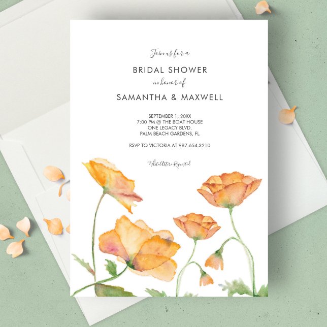 Invitación Bridal Shower Naranja acuarela floral (Bridal shower invitations watercolor orange poppy flowers by Victoria Grigaliunas Do Tell A Belle)