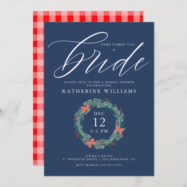 Invitación BRIDAL SHOWER | Navidades Holiday Gingham Wreath (Anverso / Reverso)