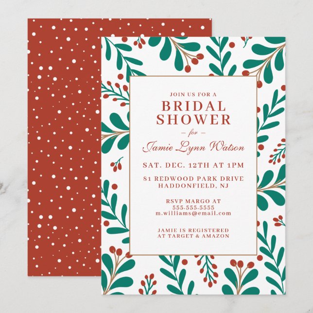 Invitación BRIDAL SHOWER | Navidades Mistletoe y Holly (Anverso / Reverso)