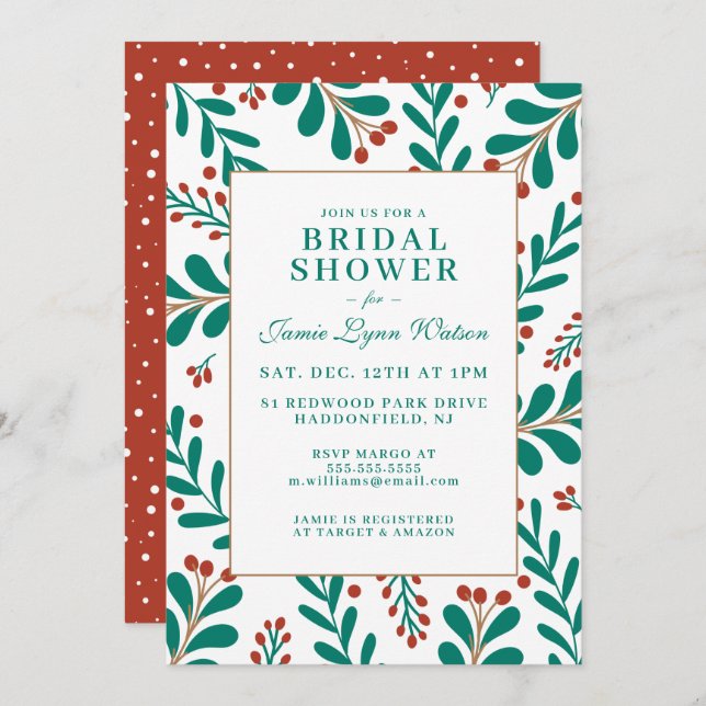 Invitación BRIDAL SHOWER | Navidades Mistletoe y Holly (Anverso / Reverso)