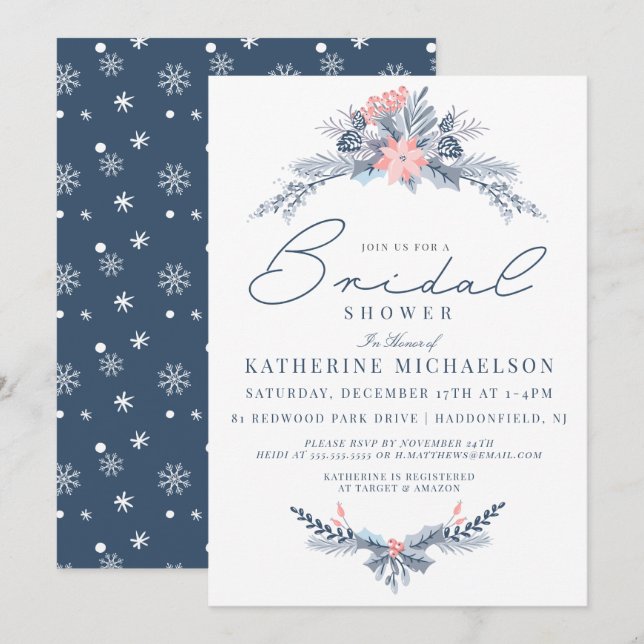 Invitación BRIDAL SHOWER | Navidades Pastel Poinsettia Floral (Anverso / Reverso)