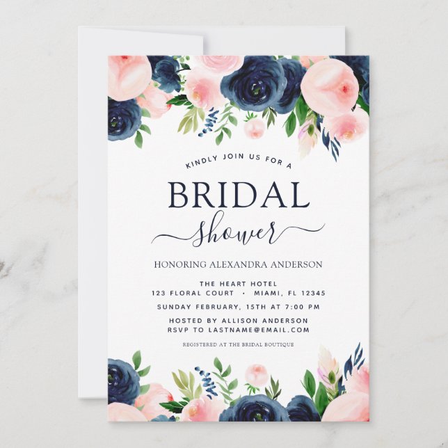 Invitación Bridal Shower Navy azul Rubor Floral rosa (Anverso)