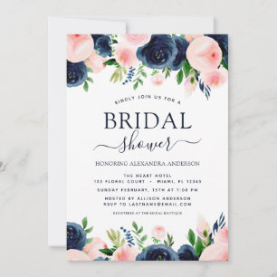 Invitación Bridal Shower Navy azul Rubor Floral rosa